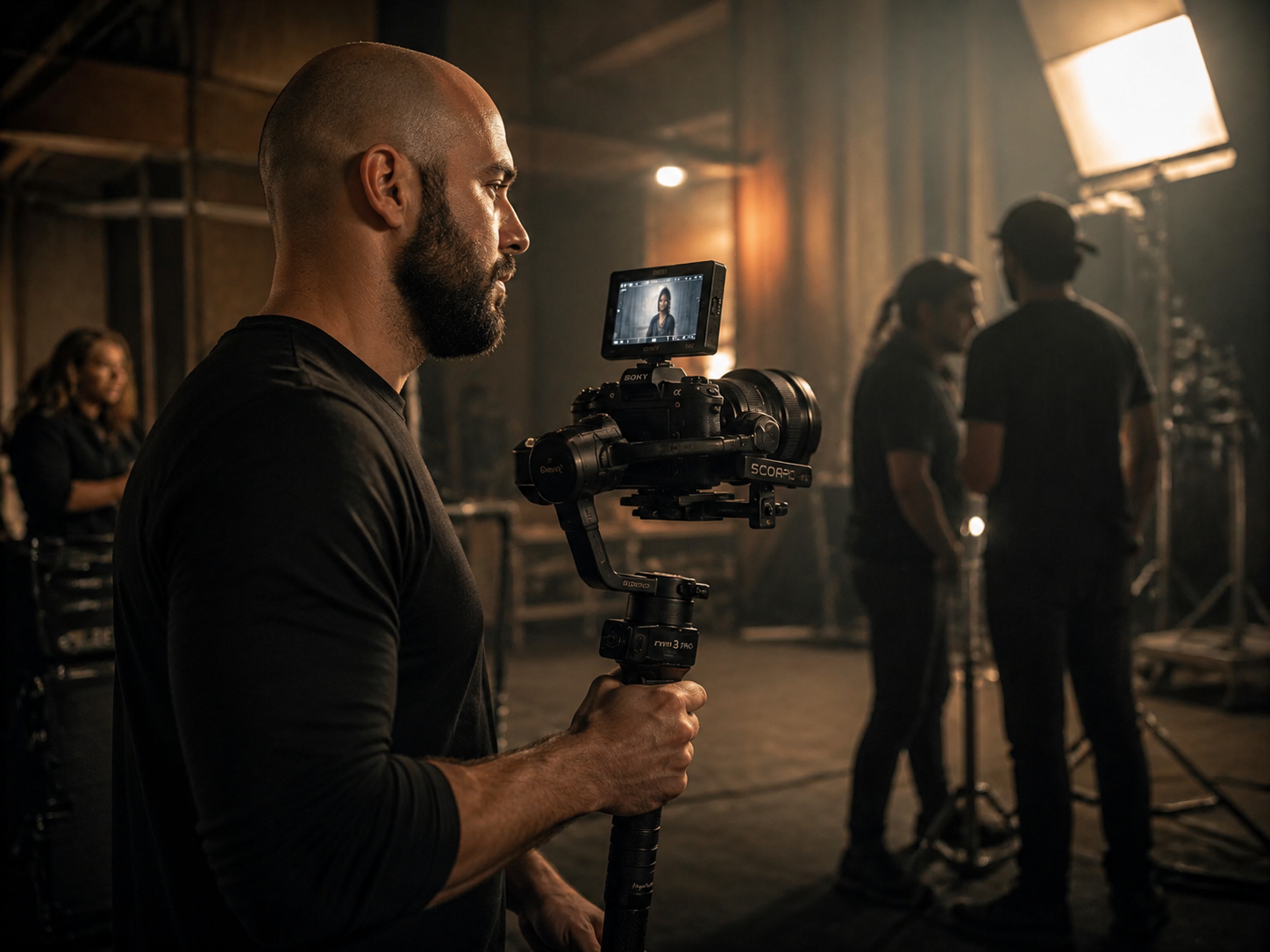 Diretor de fotografia operando câmera Sony Cinema Line em set