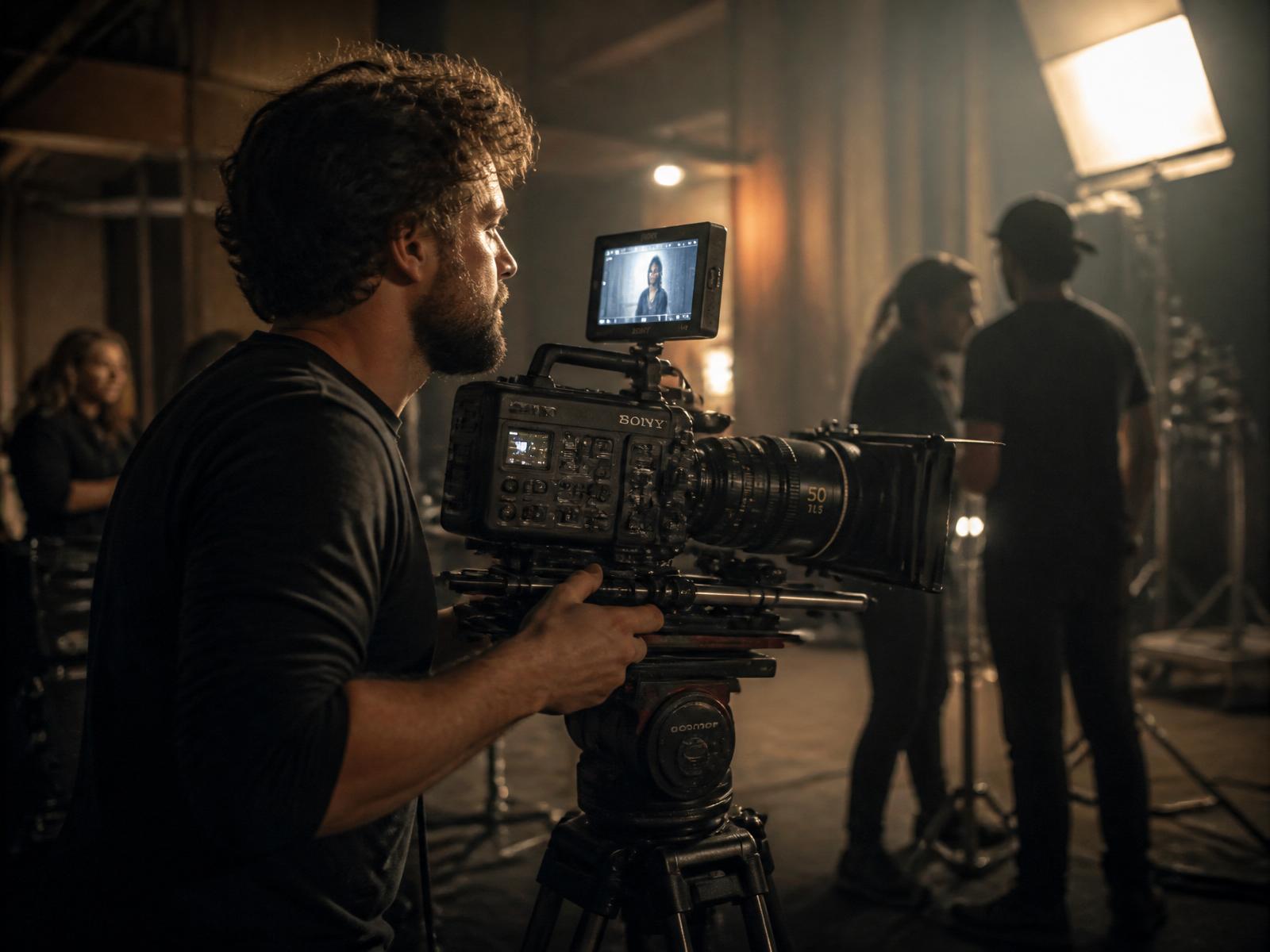 Diretor de fotografia operando câmera Sony Cinema Line em set